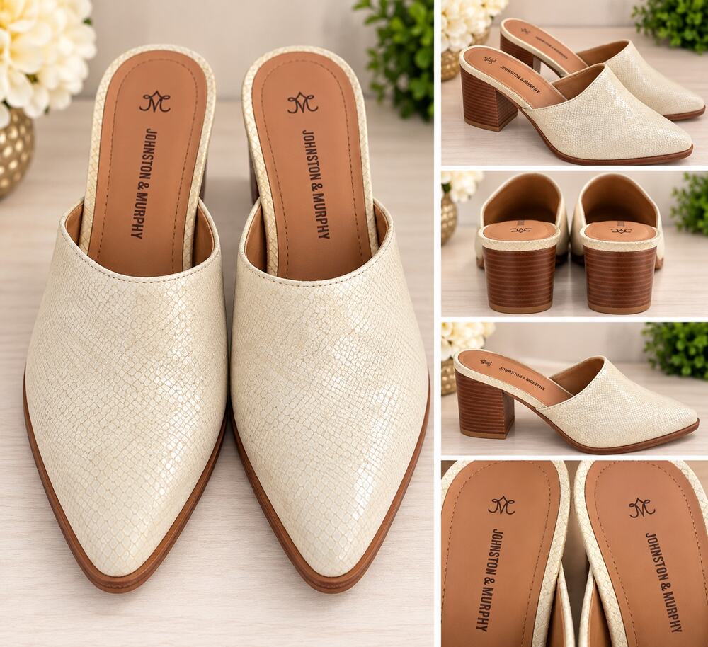 Johnston & Murphy Women’s Cream Textured Leather Heeled Mules Size 8 New